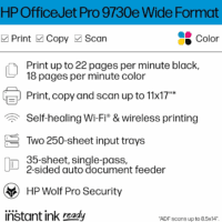 Officejet Pro 9730E Wide Format Wireless All-In-One Color Inkjet Printer, Print, Scan, Copy up to 11X17', ADF, Duplex Printing Best for Office, 3 Months of Instant Ink Included (537P6A) - Image 2