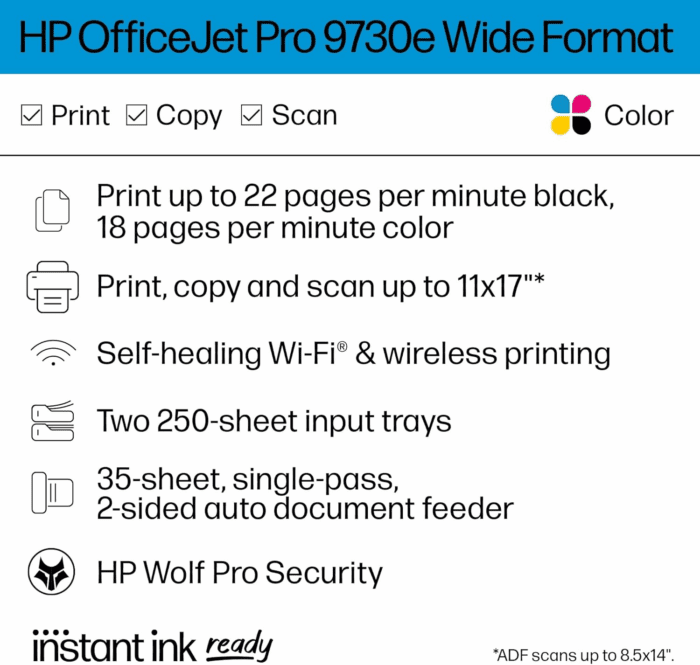 Officejet Pro 9730E Wide Format Wireless All-In-One Color Inkjet Printer, Print, Scan, Copy up to 11X17', ADF, Duplex Printing Best for Office, 3 Months of Instant Ink Included (537P6A) - Image 2