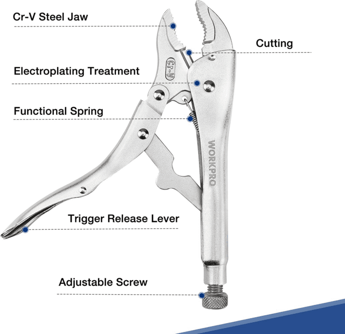 5-Piece Locking Pliers Set, Pliers Tool Set, Vice Grips with Chrome-Vanadium Steel, 5/7/10 Inch Curved Jaw Pliers, 6.5/9 Inch Long Nose Pliers - Image 2