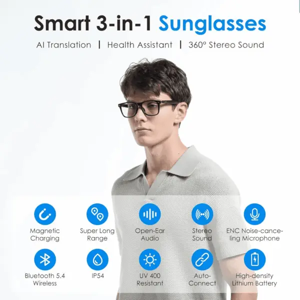 AI Glasses, AI Assistant, AI Translator Powered by Chatgpt, Anti-Blue Light Bluetooth Smart Glasses for Men & Women, 11H Life, Voice Control, Audio Smart Eyewear for Gaming Travel Meeting Memos - Image 2