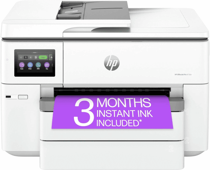 Officejet Pro 9730E Wide Format Wireless All-In-One Color Inkjet Printer, Print, Scan, Copy up to 11X17', ADF, Duplex Printing Best for Office, 3 Months of Instant Ink Included (537P6A)
