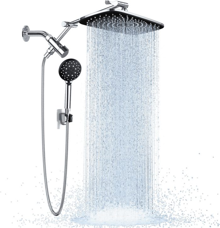 Wide Rain Shower Head with 6 Modes Handheld Water Spray，High Pressure Showerhead Combo with Arm for Bathroom Accessories，Home Decor Adjustable Dual Shower with Anti-Clog Nozzles,Silver Chrome