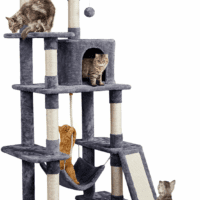 Large Multi-Level Cat Tree, 63 Inches Tall with Sisal-Covered Scratching Posts, Condo, Hammock, Dangling Ball, and Extended Platform for Cats to Play and Sleep