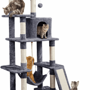 Large Multi-Level Cat Tree, 63 Inches Tall with Sisal-Covered Scratching Posts, Condo, Hammock, Dangling Ball, and Extended Platform for Cats to Play and Sleep