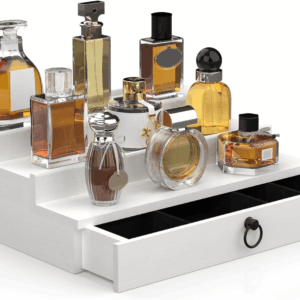 Cologne Organizer for Men, 3 Tier Wood Perfume Organizer with Felt Lining Drawer and Hidden Compartment, White Perfume Display Holder, a Gift for Men