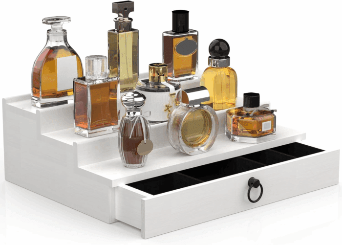 Cologne Organizer for Men, 3 Tier Wood Perfume Organizer with Felt Lining Drawer and Hidden Compartment, White Perfume Display Holder, a Gift for Men
