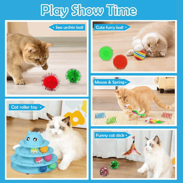 20 PCS Cat Roller Toy 3-Level Turntable for Indoor Cats - Kitten Set with Teaser, Mice, Spring, and Various Ball Toys - Image 6