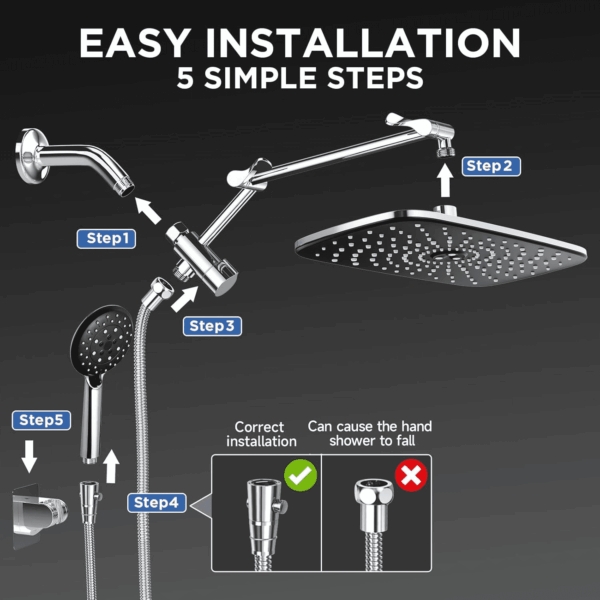 Wide Rain Shower Head with 6 Modes Handheld Water Spray，High Pressure Showerhead Combo with Arm for Bathroom Accessories，Home Decor Adjustable Dual Shower with Anti-Clog Nozzles,Silver Chrome - Image 7