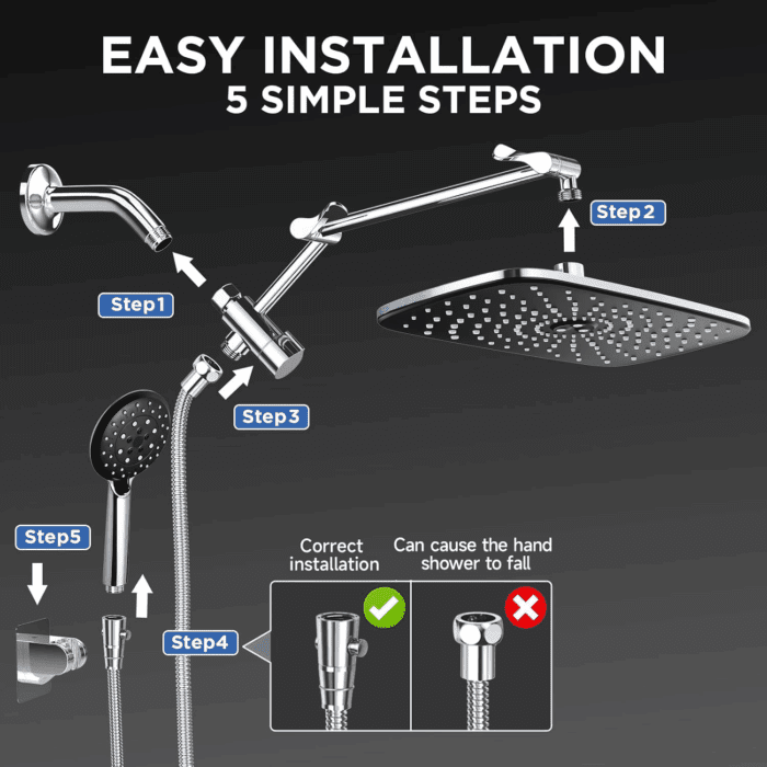 Wide Rain Shower Head with 6 Modes Handheld Water Spray，High Pressure Showerhead Combo with Arm for Bathroom Accessories，Home Decor Adjustable Dual Shower with Anti-Clog Nozzles,Silver Chrome - Image 7