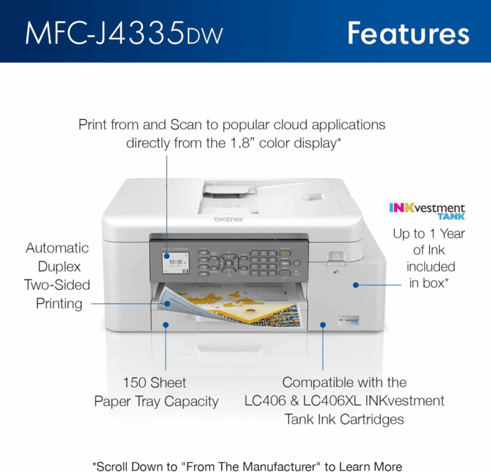 MFC-J4335DW Inkvestment Tank All-In-One Printer with Duplex and Wireless Printing plus up to 1-Year of Ink In-Box, Works with Alexa - Image 3