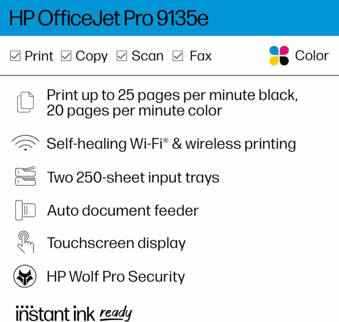 Officejet Pro 9135E All-In-One Printer, Color, Printer-For-Small Medium Business, Print, Copy, Scan, Fax, Wireless 3 Months of Instant Ink Included; Two-Sided Printing; Two-Side - Image 2