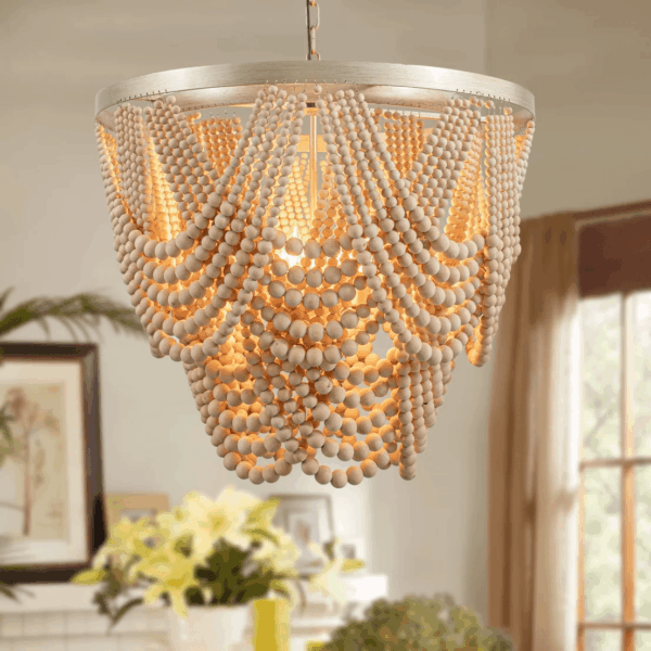 Black 12.6 Inch Wood Bead Chandelier Flush Mount Ceiling Light Fixture 3-Light Boho Light Fixtures Ceiling Farmhouse Chandeliers for Bedroom Dining Room - Image 10