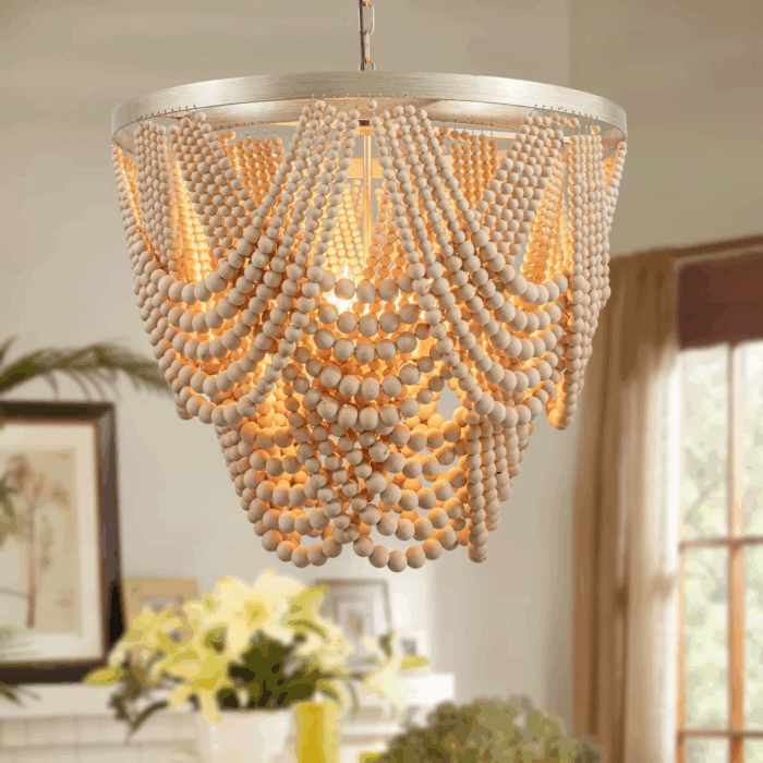 Black 12.6 Inch Wood Bead Chandelier Flush Mount Ceiling Light Fixture 3-Light Boho Light Fixtures Ceiling Farmhouse Chandeliers for Bedroom Dining Room - Image 10