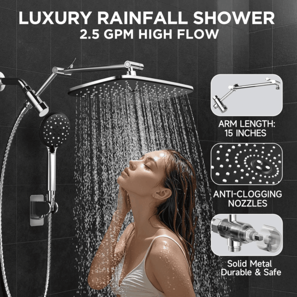 Wide Rain Shower Head with 6 Modes Handheld Water Spray，High Pressure Showerhead Combo with Arm for Bathroom Accessories，Home Decor Adjustable Dual Shower with Anti-Clog Nozzles,Silver Chrome - Image 4