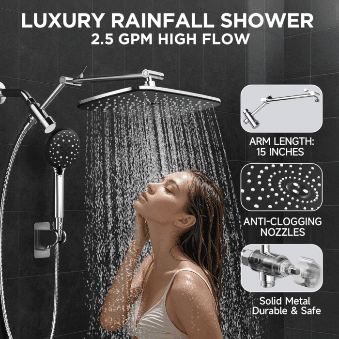 Wide Rain Shower Head with 6 Modes Handheld Water Spray，High Pressure Showerhead Combo with Arm for Bathroom Accessories，Home Decor Adjustable Dual Shower with Anti-Clog Nozzles,Silver Chrome - Image 4