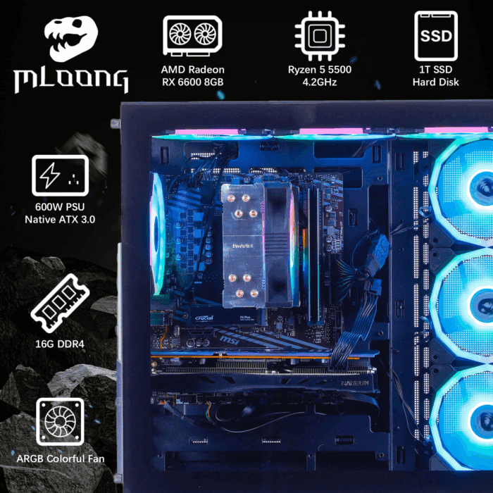 Gaming PC Desktops AMD Ryzen5 5500 AMD Radeon RX 6600 1TB SSD 16GB RAM 650W Win11 WIFI - Image 2
