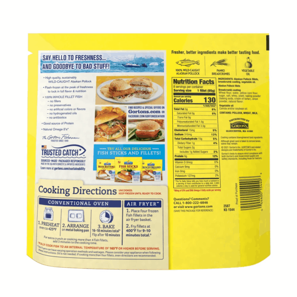 Gorton’S Breaded Fish Sandwich Cut from 100% Whole Fish Fillets (Not Minced), Wild Caught Alaskan Pollock, Frozen, 8 Count, 18.3 Ounce Resealable Bag - Image 3