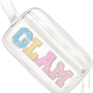 Clear Preppy Patch Makeup Bag Cosmetic Pouch with Glitter Bling Letters for Women Teen Girls Sister, Make up Travel Stuff Organizer Cute Stylish Trendy Gifts Sparkling Skincare Purse (GLAM)