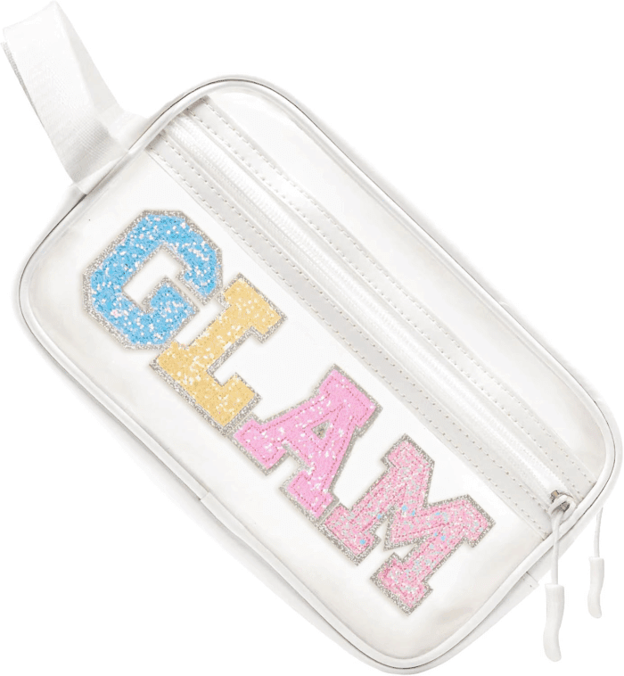Clear Preppy Patch Makeup Bag Cosmetic Pouch with Glitter Bling Letters for Women Teen Girls Sister, Make up Travel Stuff Organizer Cute Stylish Trendy Gifts Sparkling Skincare Purse (GLAM)