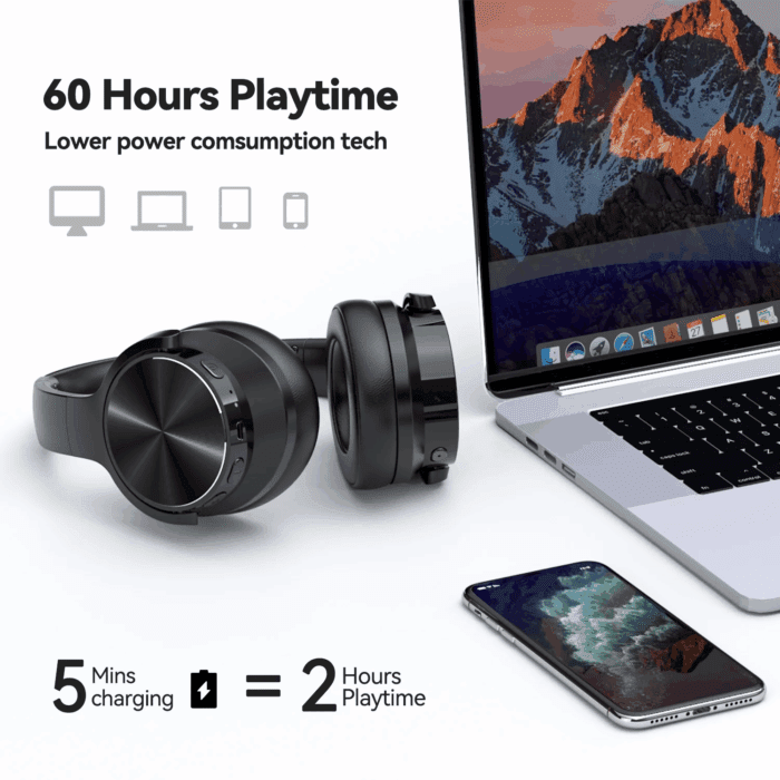 E9 Noise Cancelling Headphones,Wireless Bluetooth over Ear Headphones with Microphone - Black - Image 4