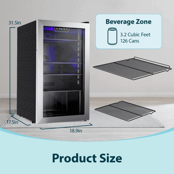 126 Can Beverage Refrigerator and Cooler with Glass Door for Home, 17.5 in D, 31.5 in H, Silver - Image 8