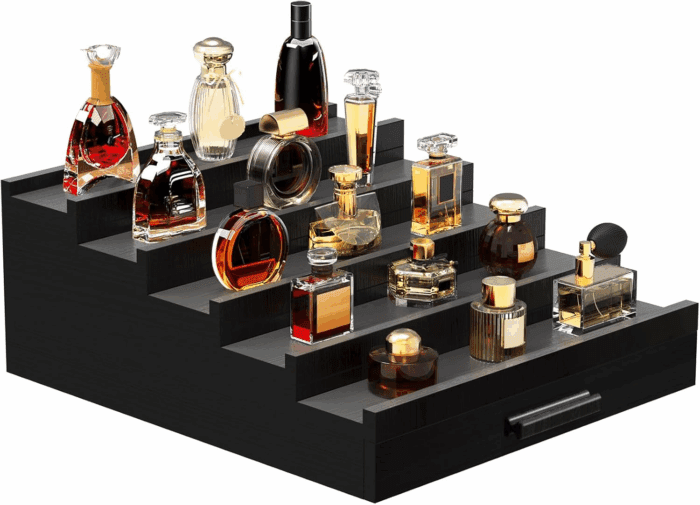 Zalida Wooden Cologne Organizer for Men 5 Tier of Perfume Display Holder of Drawer & 2 Hidden Compartments Larger Storage Space Mens Perfume Organizer Shelf Stand,Gift for Man (5T-Black)