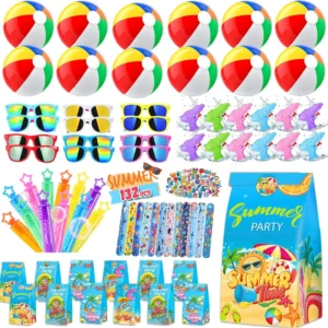 Pool Party Favors Beach Party Favors - 132PCS Summer Beach Pool Toys for Kids Include Beach Balls, Kids Sunglasses Bulk, Bubble Wands...Pool Party Supplies for Summer Birthday Party for Kids 4-8 8-12
