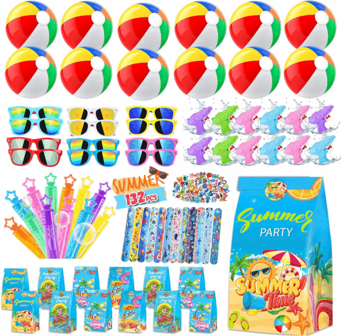 Pool Party Favors Beach Party Favors - 132PCS Summer Beach Pool Toys for Kids Include Beach Balls, Kids Sunglasses Bulk, Bubble Wands...Pool Party Supplies for Summer Birthday Party for Kids 4-8 8-12