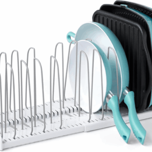 Storemore Expandable Cookware Rack, Adjustable Pan Organizer for Kitchen Cabinet Storage, White