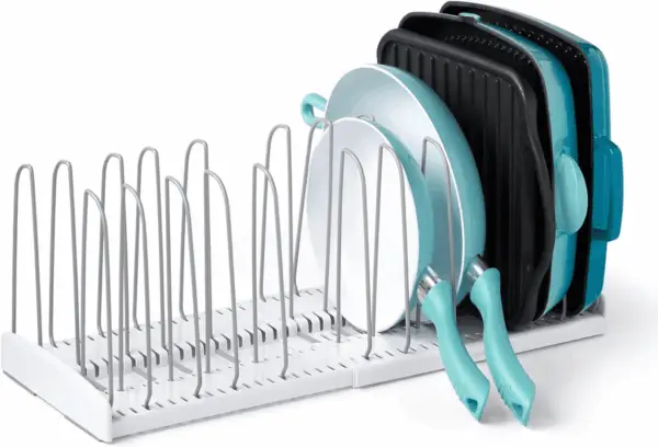 Storemore Expandable Cookware Rack, Adjustable Pan Organizer for Kitchen Cabinet Storage, White