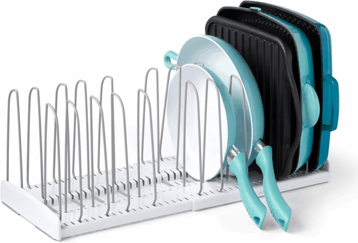 Storemore Expandable Cookware Rack, Adjustable Pan Organizer for Kitchen Cabinet Storage, White