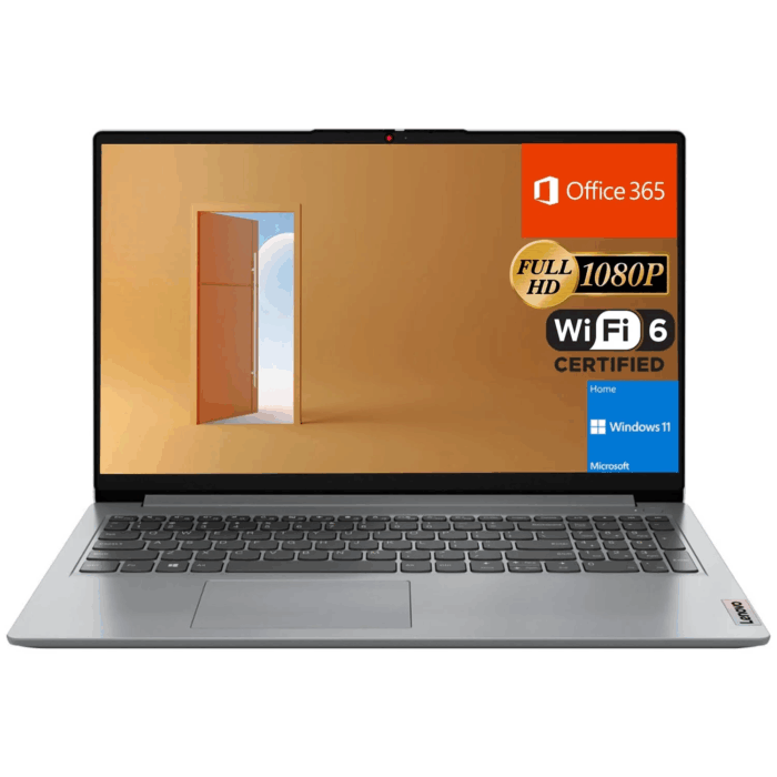Ideapad 1 Student Laptop, 15.6" FHD Display, Intel Dual Core Processor, 12GB RAM, 128GB Emmc + 256GB SSD, 1 Yr Office 365, Wi-Fi 6, Windows 11 Home, Grey