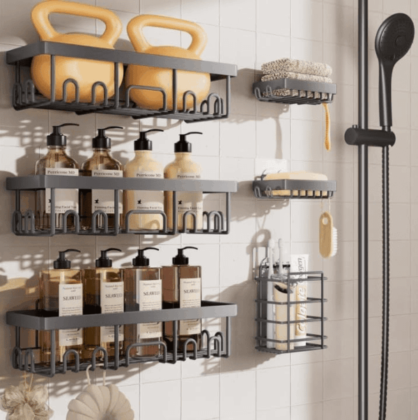 6-Pack Rustproof & Waterproof Shower Caddy, Adhesive Shelves Rack with Soap Holder, Large Capacity Bathroom, College Dorm & Apartment Organizers, No-Drill Wall Mount Living Room & Bedroom Decor