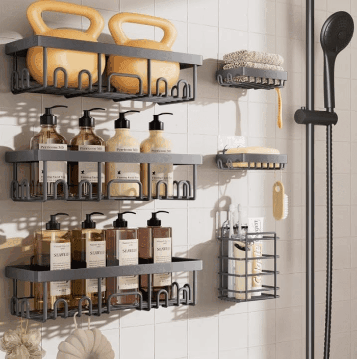 6-Pack Rustproof & Waterproof Shower Caddy, Adhesive Shelves Rack with Soap Holder, Large Capacity Bathroom, College Dorm & Apartment Organizers, No-Drill Wall Mount Living Room & Bedroom Decor