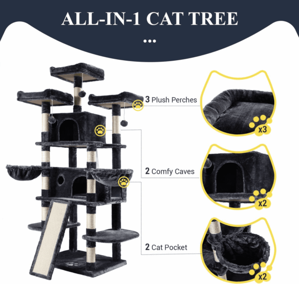 68 Inches Cat Tree/House and Towers for Big Feline/Scratching Post/Multi-Level Large Kitty Climbing Tree with Condo/Smokey Grey - Image 5