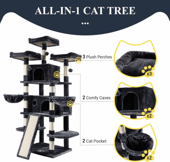 68 Inches Cat Tree/House and Towers for Big Feline/Scratching Post/Multi-Level Large Kitty Climbing Tree with Condo/Smokey Grey - Image 5