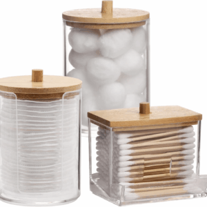 Bathroom Organizer Accessories Set-10 OZ,7 OZ Qtips Holder Storage with Brown Wood Lids, Cotton Ball/Swabs Dispenser, Apothecary Container Jar 3 Pcs