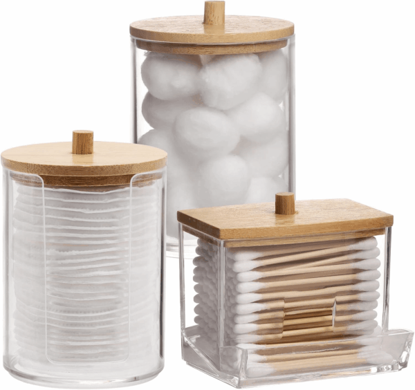 Bathroom Organizer Accessories Set-10 OZ,7 OZ Qtips Holder Storage with Brown Wood Lids, Cotton Ball/Swabs Dispenser, Apothecary Container Jar 3 Pcs