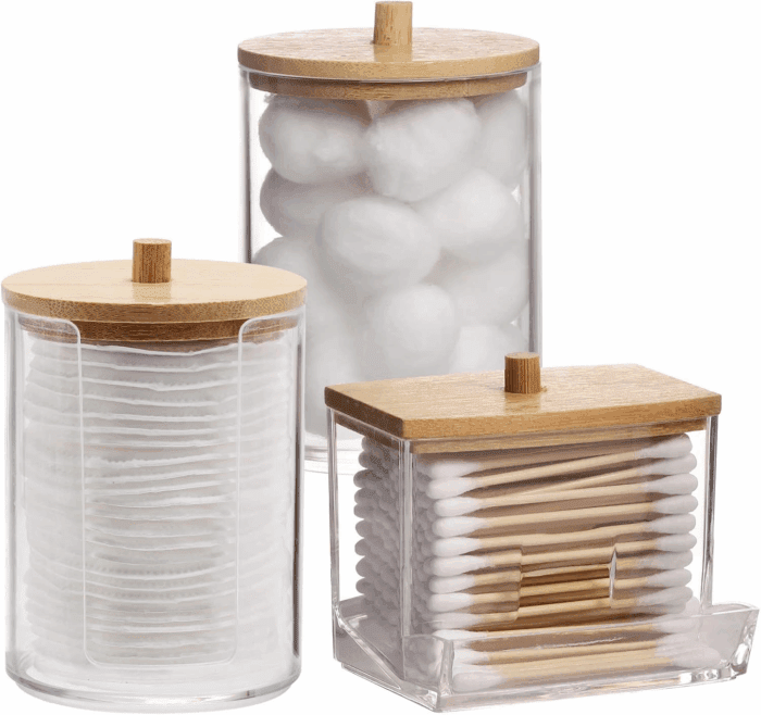 Bathroom Organizer Accessories Set-10 OZ,7 OZ Qtips Holder Storage with Brown Wood Lids, Cotton Ball/Swabs Dispenser, Apothecary Container Jar 3 Pcs