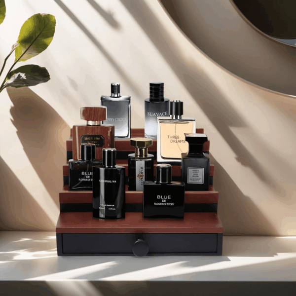 Cologne Organizer for Men - 4 Tier Walnut Black Wooden Cologne Display Stand with Drawer and Hidden Compartment, Mens Cologne Holder Shelf for Organizing and Storing, Walnut Black - Image 2