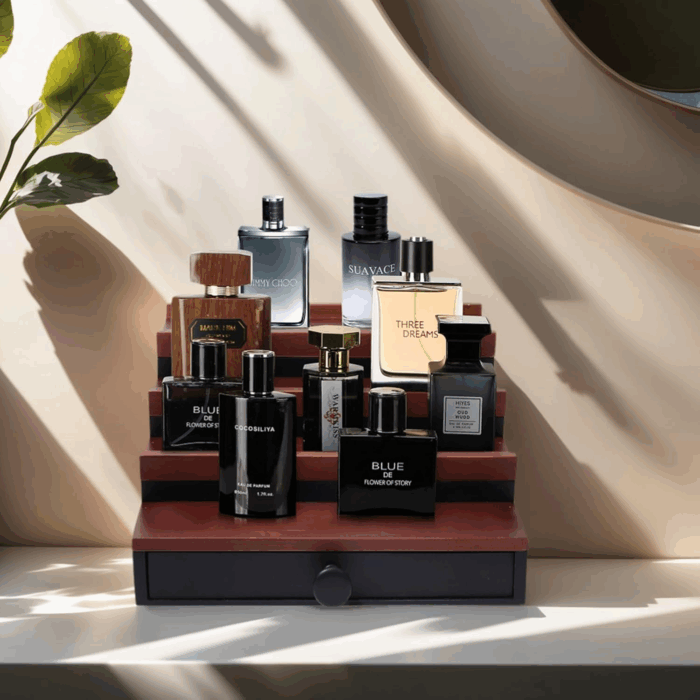 Cologne Organizer for Men - 4 Tier Walnut Black Wooden Cologne Display Stand with Drawer and Hidden Compartment, Mens Cologne Holder Shelf for Organizing and Storing, Walnut Black - Image 2
