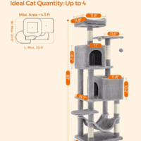 Cat Tree, 61-Inch Cat Tower for Indoor Cats, Plush Multi-Level Cat Condo with 5 Scratching Posts, 2 Perches, 2 Caves, Hammock, 2 Pompoms, Light Gray UPCT192W01 - Image 5