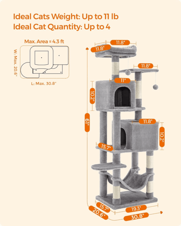 Cat Tree, 61-Inch Cat Tower for Indoor Cats, Plush Multi-Level Cat Condo with 5 Scratching Posts, 2 Perches, 2 Caves, Hammock, 2 Pompoms, Light Gray UPCT192W01 - Image 5