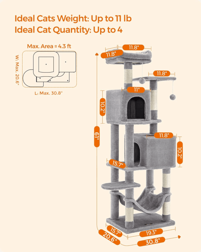 Cat Tree, 61-Inch Cat Tower for Indoor Cats, Plush Multi-Level Cat Condo with 5 Scratching Posts, 2 Perches, 2 Caves, Hammock, 2 Pompoms, Light Gray UPCT192W01 - Image 5