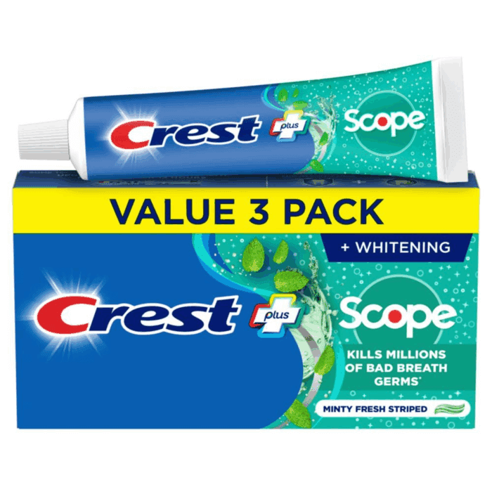 + Scope Whitening Toothpaste - Pack of 3, 5.4 Oz Tubes - Anticavity Fluoride Toothpaste, Fresh Breath, Kills Germs - Tartar Protection, Enamel Protection - Minty Fresh Flavor
