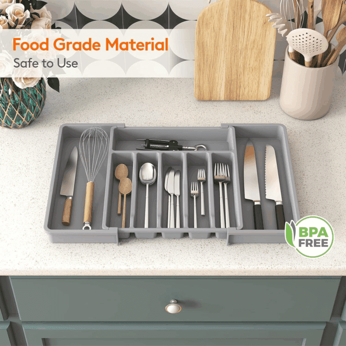 Silverware Drawer Organizer, Expandable Utensil Tray for Kitchen, BPA Free Flatware and Cutlery Holder, Adjustable Plastic Storage for Spoons Forks Knives, Large, Grey - Image 8