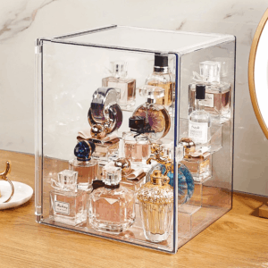 Clear Acrylic Display Case, 5 Tier Perfume Stand Makeup Organizer Storage Stand Riser Luxury Display Box Storage with Door Dustproof for Mini Figure, Collectible, Toys, Cosmetics