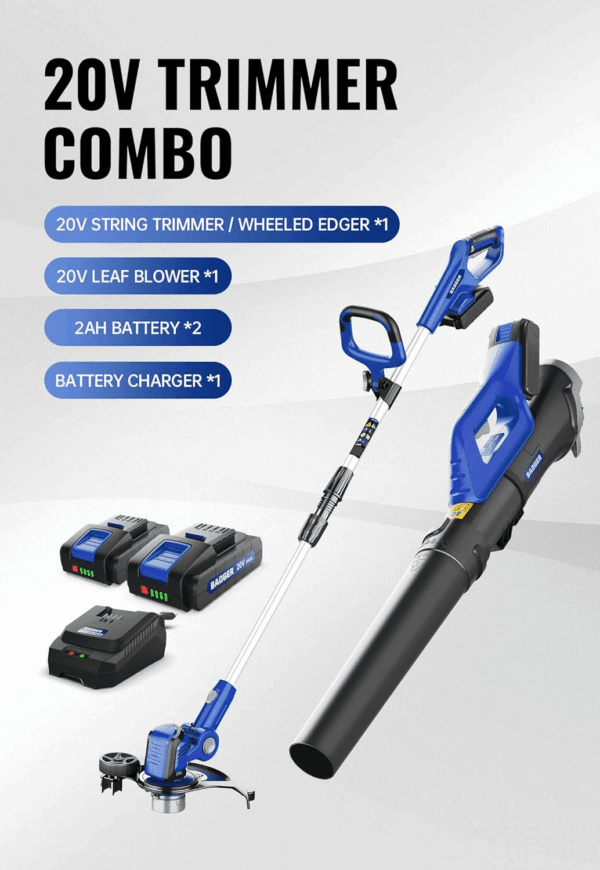 20V Weed Wacker, Leaf Blower, Wheeled Edger Kit Electric with 2 * 2Ah Battery & Charger, String Trimmer, Lightweight, Adjustable Telescopic Shaft, Fast-Charging - Image 2