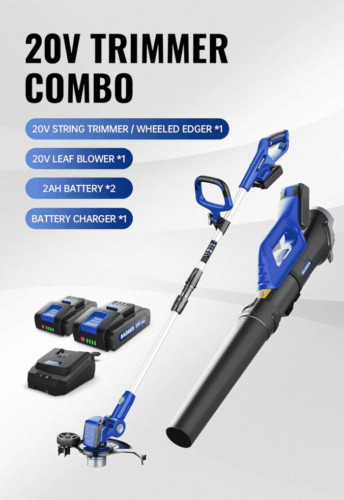 20V Weed Wacker, Leaf Blower, Wheeled Edger Kit Electric with 2 * 2Ah Battery & Charger, String Trimmer, Lightweight, Adjustable Telescopic Shaft, Fast-Charging - Image 2