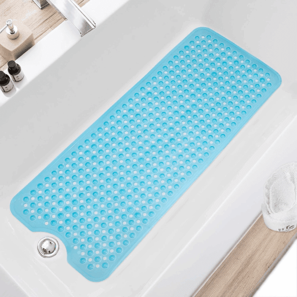 Bath Tub and Shower Mats, Non Slip 40 X 16 Inch Extra Large Bathtub Mat, Machine Washable Bathmat with Drain Holes, Suction Cups for Bathroom Floor, Clear Blue